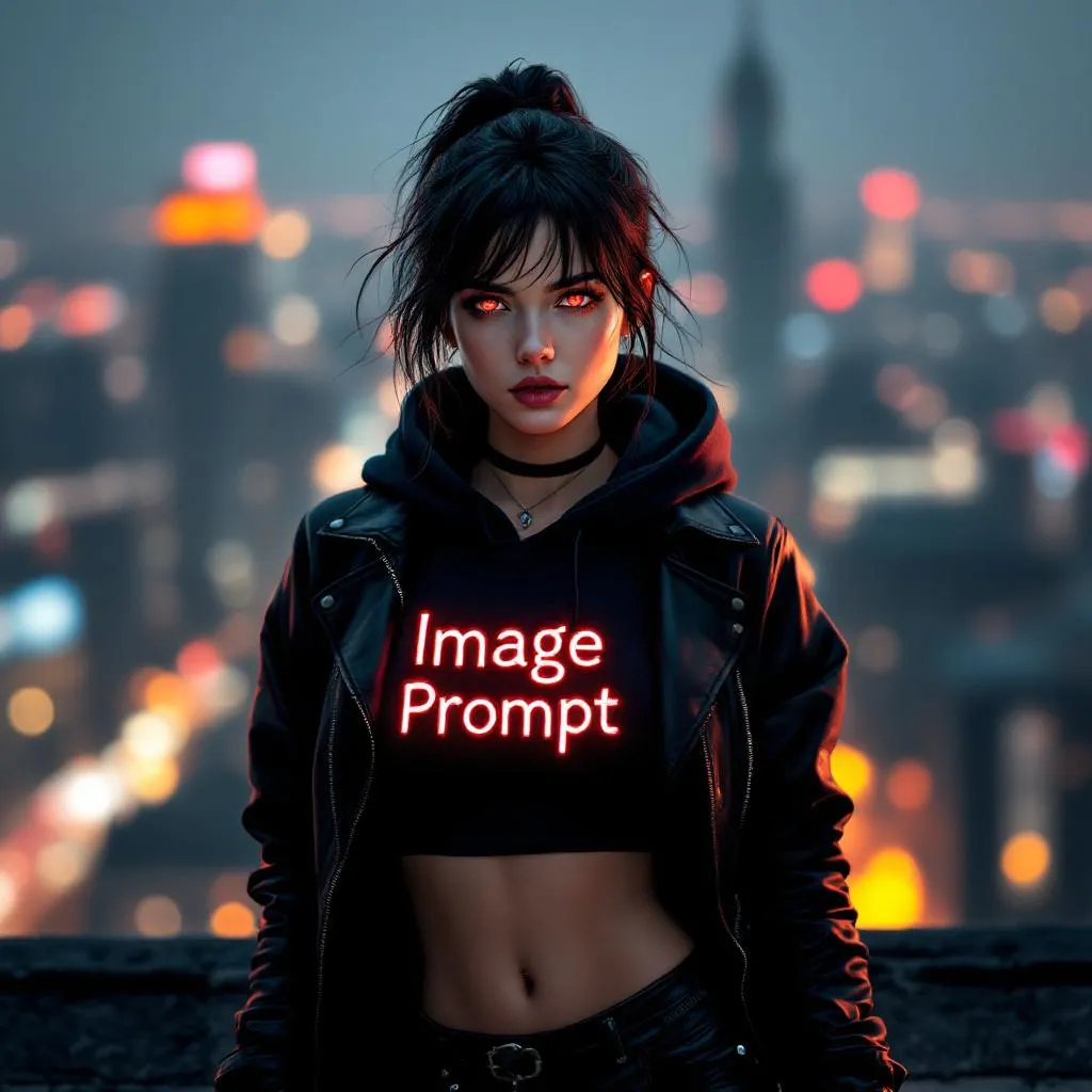 Night cityscape portrait with red-eyed woman